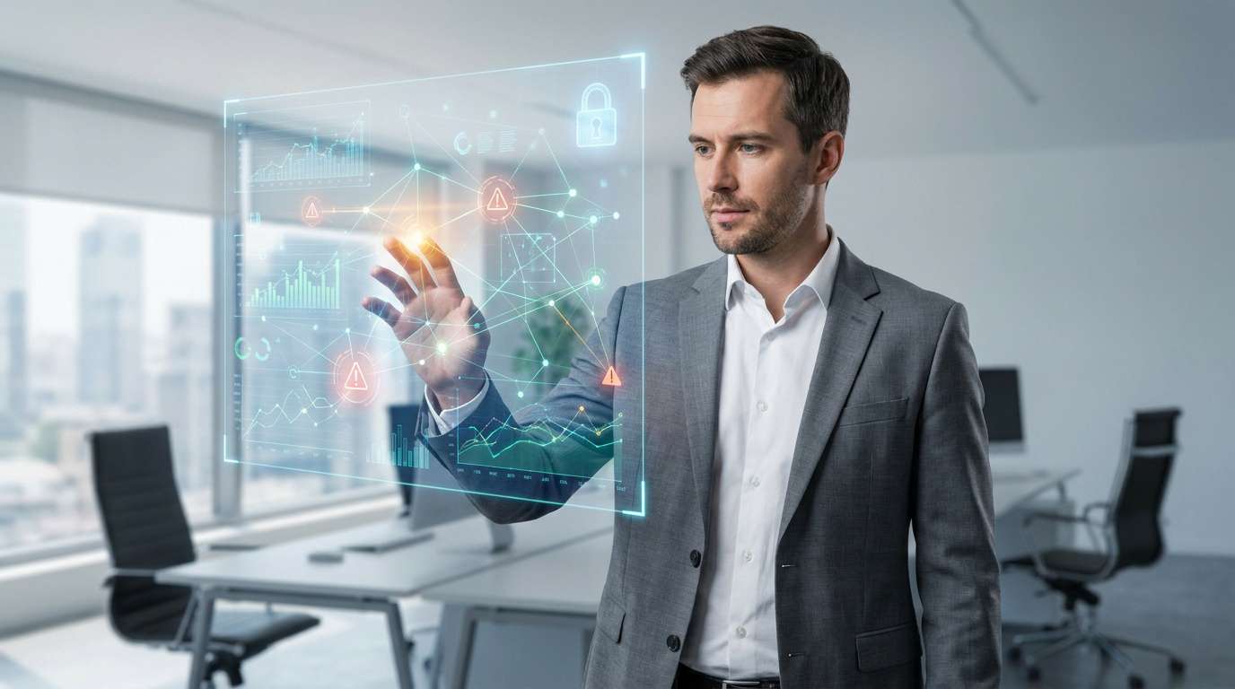Un homme d'affaires interagissant avec une interface numérique de cybersécurité holographique dans un bureau.