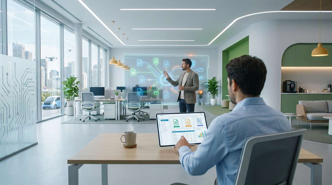 Un professionnel présente un schéma numérique de gestion de documents dans un bureau moderne et lumineux.