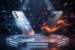 Un iPhone et un Samsung flottent sur un socle hexagonal dans un univers technologique futuriste avec des effets lumineux.