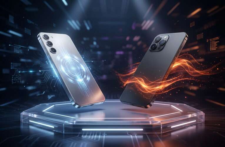 Un iPhone et un Samsung flottent sur un socle hexagonal dans un univers technologique futuriste avec des effets lumineux.