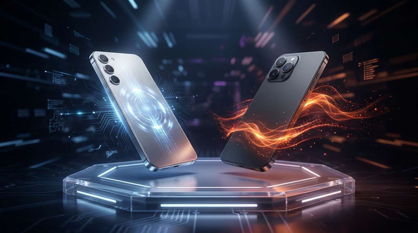 Un iPhone et un Samsung flottent sur un socle hexagonal dans un univers technologique futuriste avec des effets lumineux.