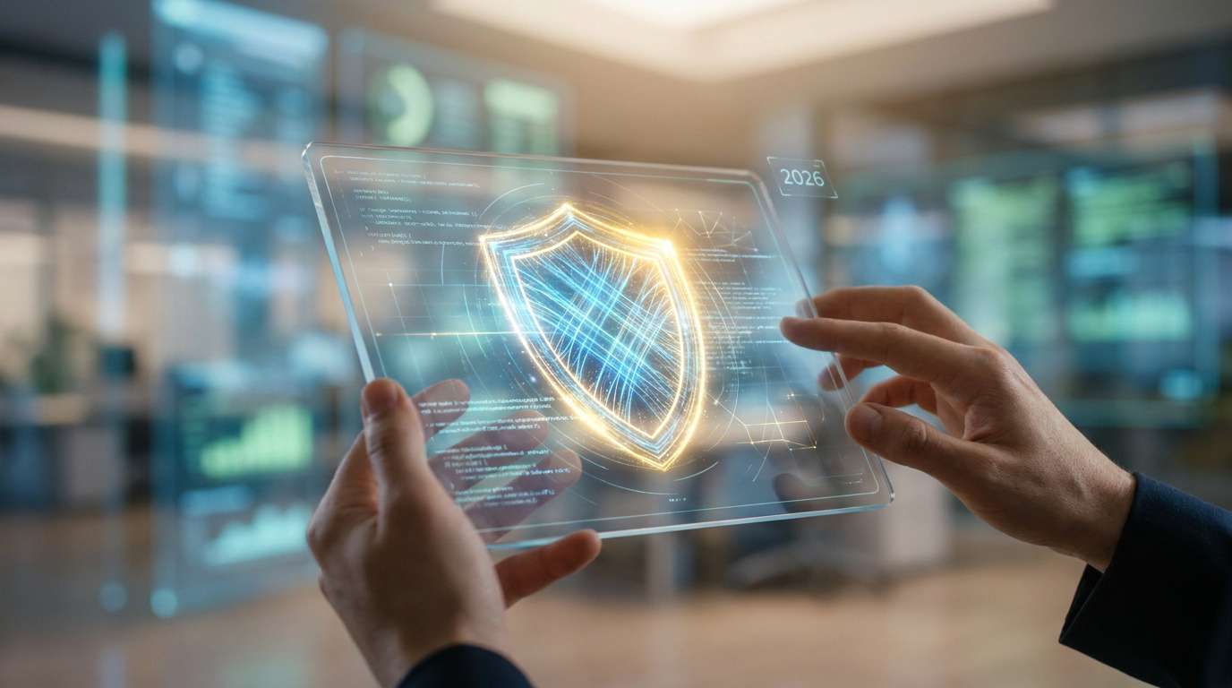 Mains tenant une tablette holographique affichant un bouclier numérique lumineux symbolisant la cybersécurité.