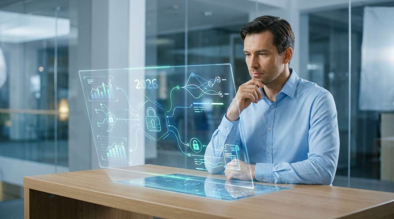 Un homme d'affaires consulte des données financières et de sécurité sur une interface holographique futuriste.