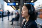 Une femme asiatique porte un casque audio sans fil noir tout en attendant sur le quai d'une gare.