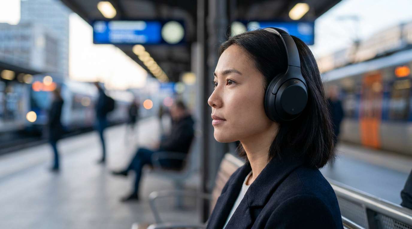 Une femme asiatique porte un casque audio sans fil noir tout en attendant sur le quai d'une gare.