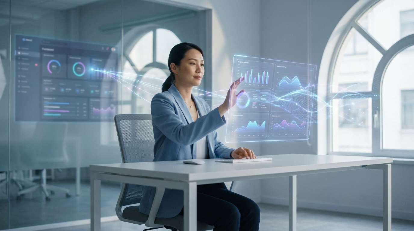 Une femme d'affaires interagit avec des interfaces holographiques de données dans un bureau moderne et lumineux.