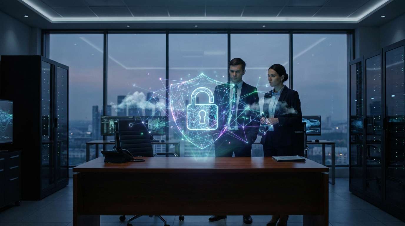 Un homme et une femme en tenue d'affaires examinant un hologramme de bouclier numérique dans un centre de données moderne.