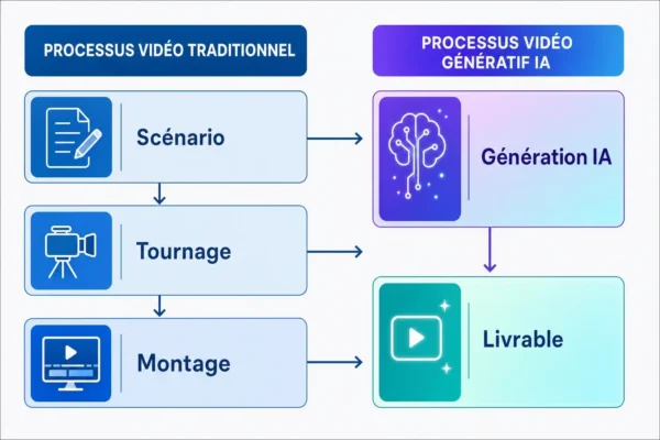 Diagramme comparant processus vidéo traditionnel et IA générative IA, génération IA et livrable vidéo final.
