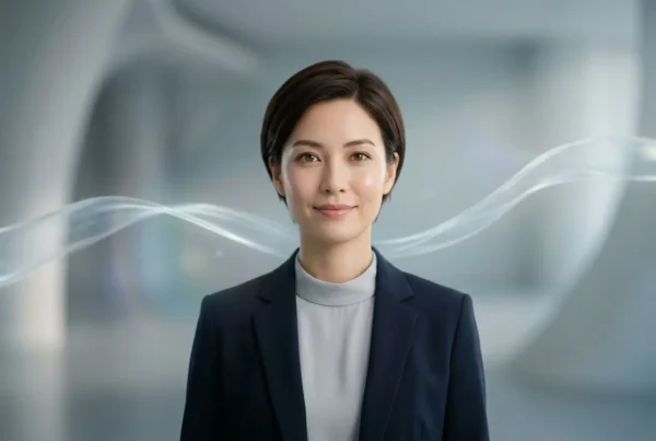 Portrait d'une professionnelle en chemise et blazer dans un décor futuriste, évoquant l'IA générative vidéo.